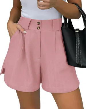 KIRUNDO Womens Shorts Dressy Casual 2025 Trendy Summer Elastic High Waisted Pleated Side Slit Business Work Shorts Pockets