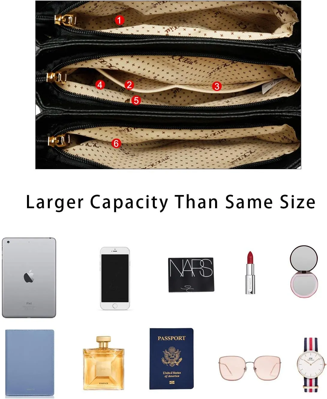 KKXIU 3 Zippered Compartments Purses and Handbags for Women Top Handle Satchel Shoulder Ladies Bags