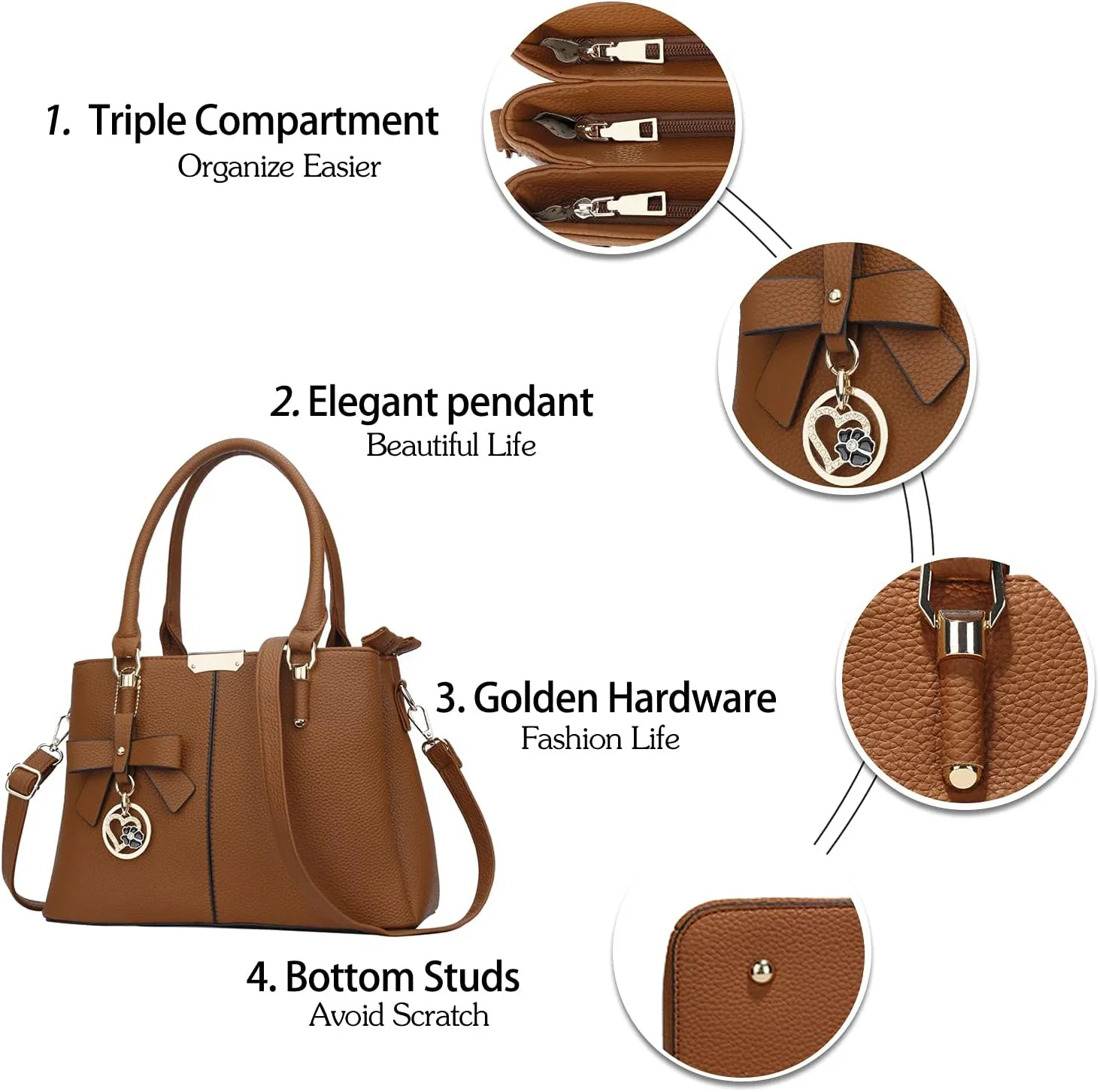 KKXIU 3 Zippered Compartments Purses and Handbags for Women Top Handle Satchel Shoulder Ladies Bags