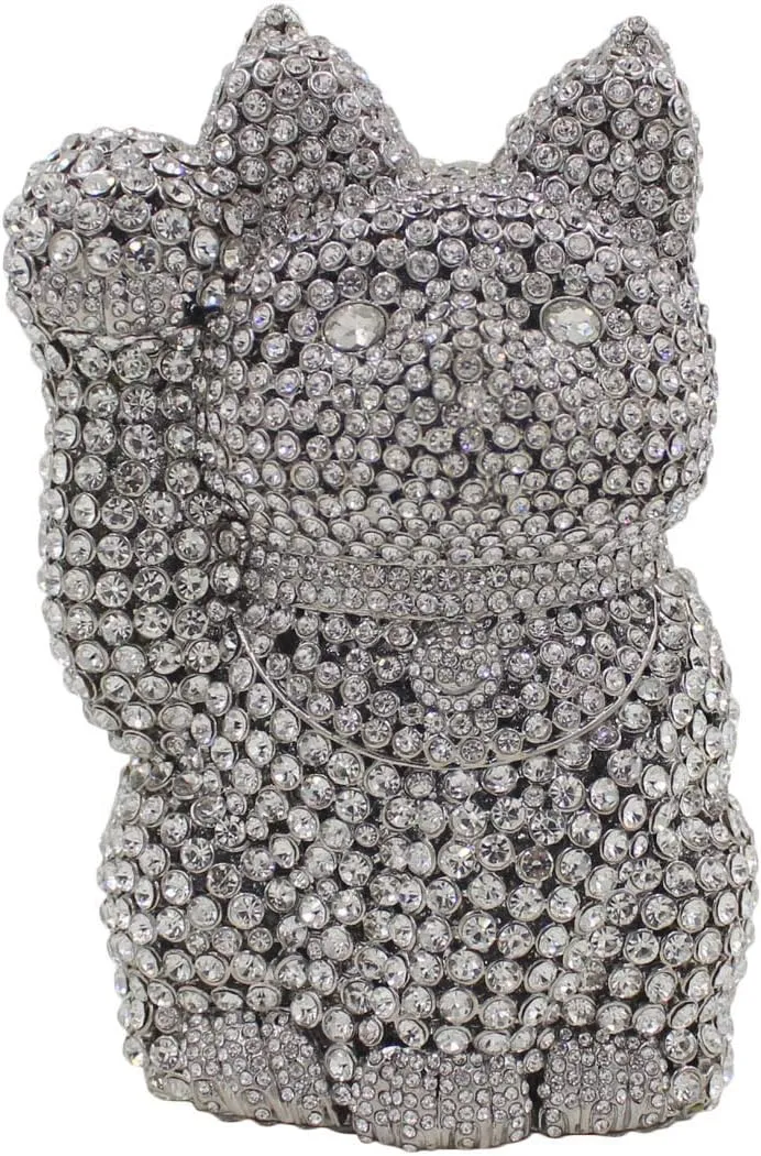 Ladies Clutch-Purse Chain Wedding Evening-Bag Luxury Rhinestone Handbag Lucky Cat