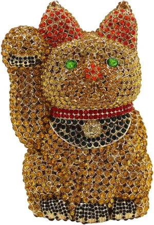 Ladies Clutch-Purse Chain Wedding Evening-Bag Luxury Rhinestone Handbag Lucky Cat
