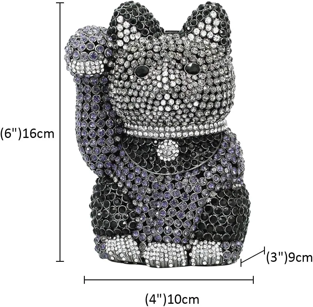 Ladies Clutch-Purse Chain Wedding Evening-Bag Luxury Rhinestone Handbag Lucky Cat