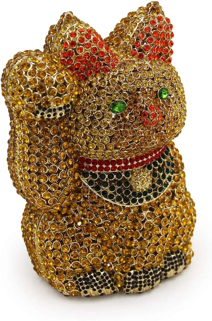 Ladies Clutch-Purse Chain Wedding Evening-Bag Luxury Rhinestone Handbag Lucky Cat