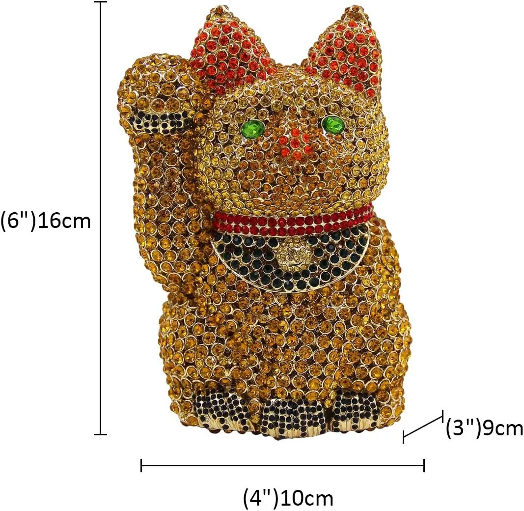 Ladies Clutch-Purse Chain Wedding Evening-Bag Luxury Rhinestone Handbag Lucky Cat