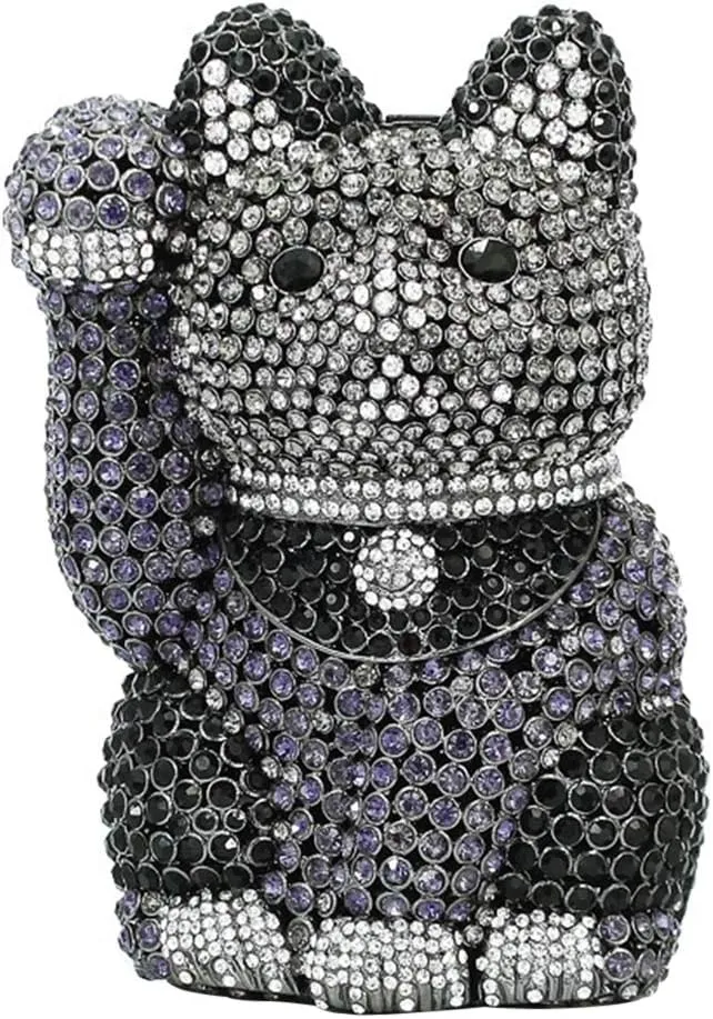 Ladies Clutch-Purse Chain Wedding Evening-Bag Luxury Rhinestone Handbag Lucky Cat