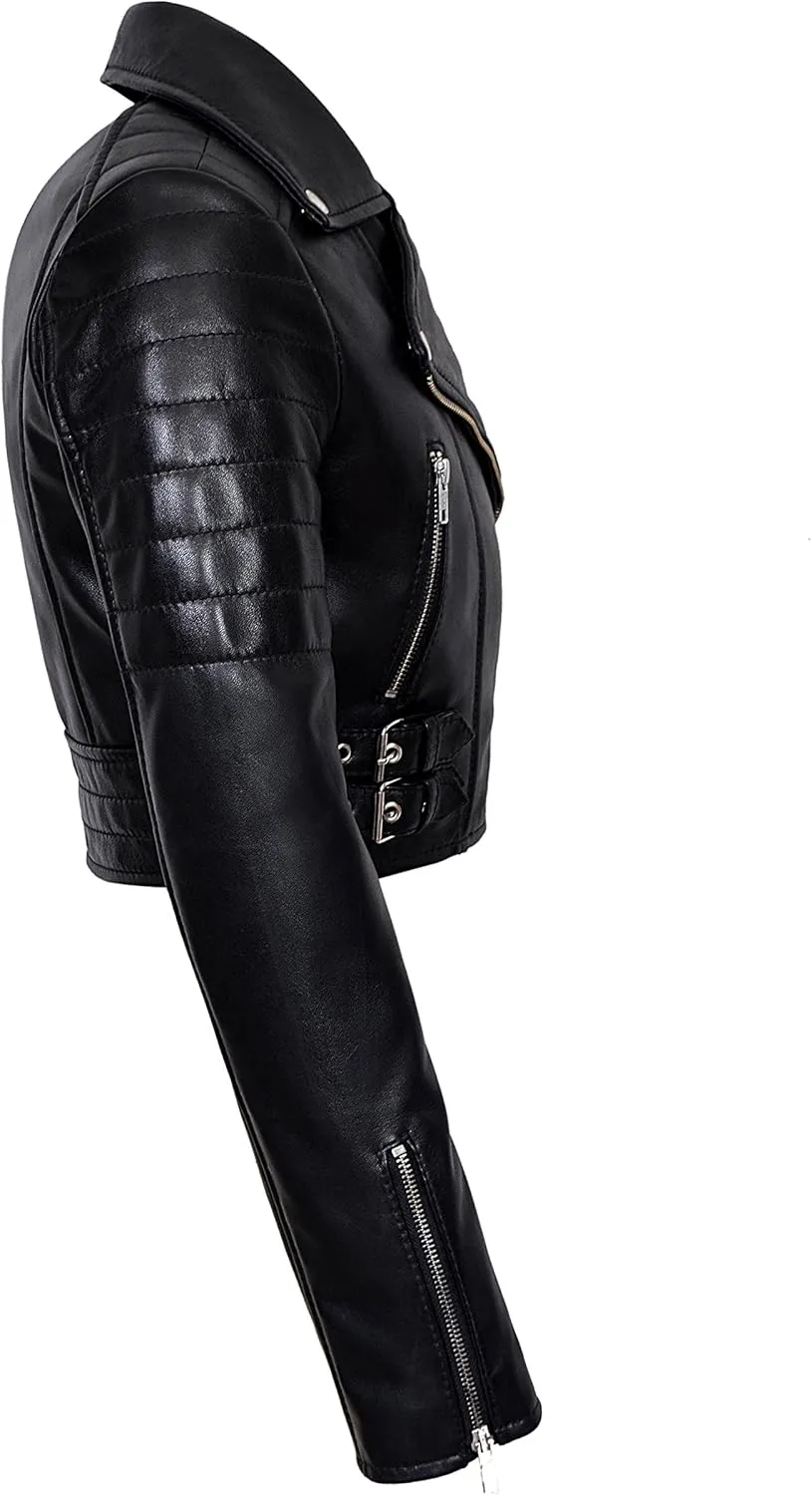 Ladies Short Body Leather Jacket Black Slim Fit Short Biker Style Lambskin 5625
