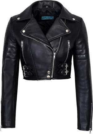 Ladies Short Body Leather Jacket Black Slim Fit Short Biker Style Lambskin 5625