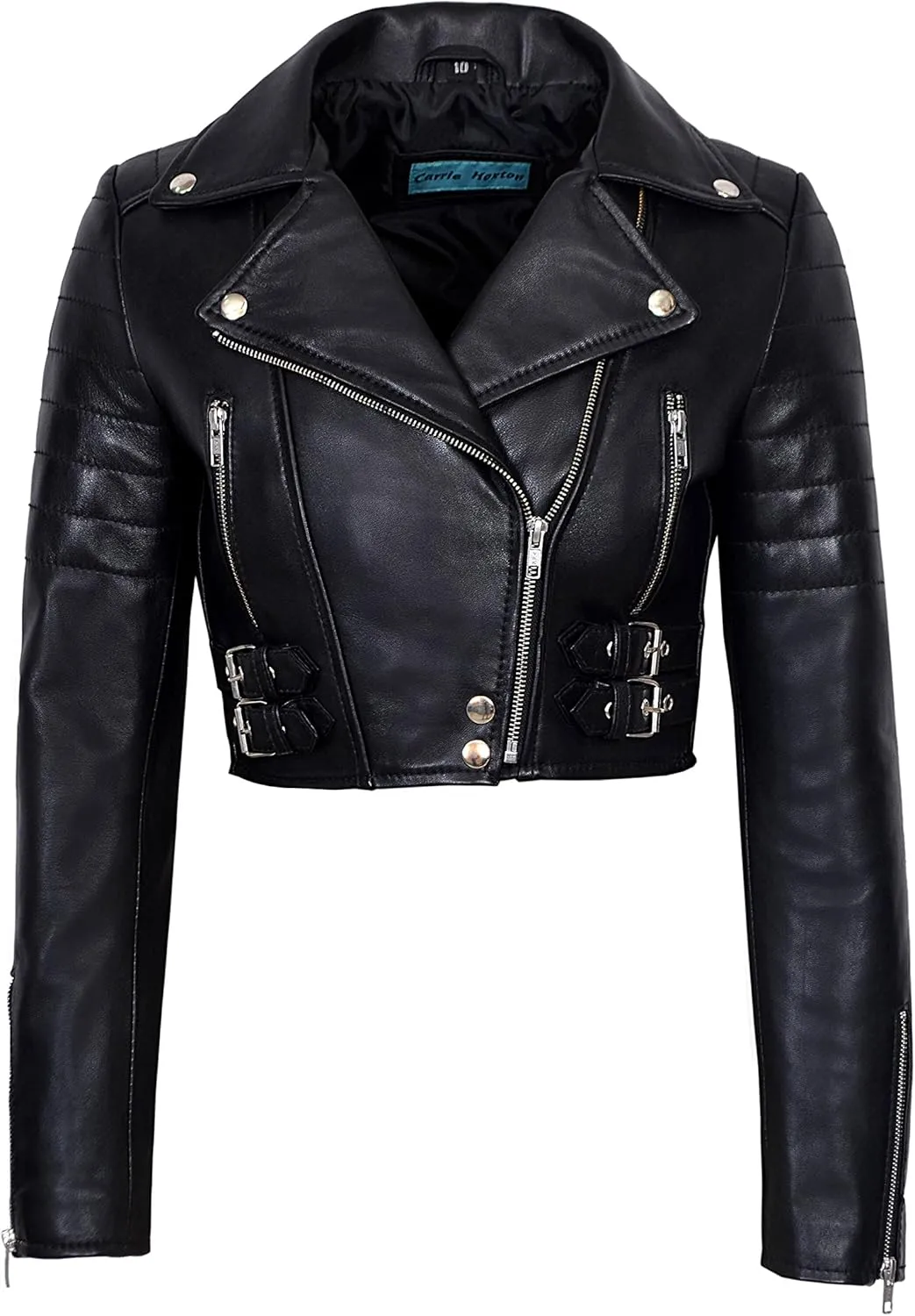 Ladies Short Body Leather Jacket Black Slim Fit Short Biker Style Lambskin 5625