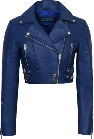 Ladies Short Body Leather Jacket Blue Slim Fit Short Biker Style Lambskin 5625