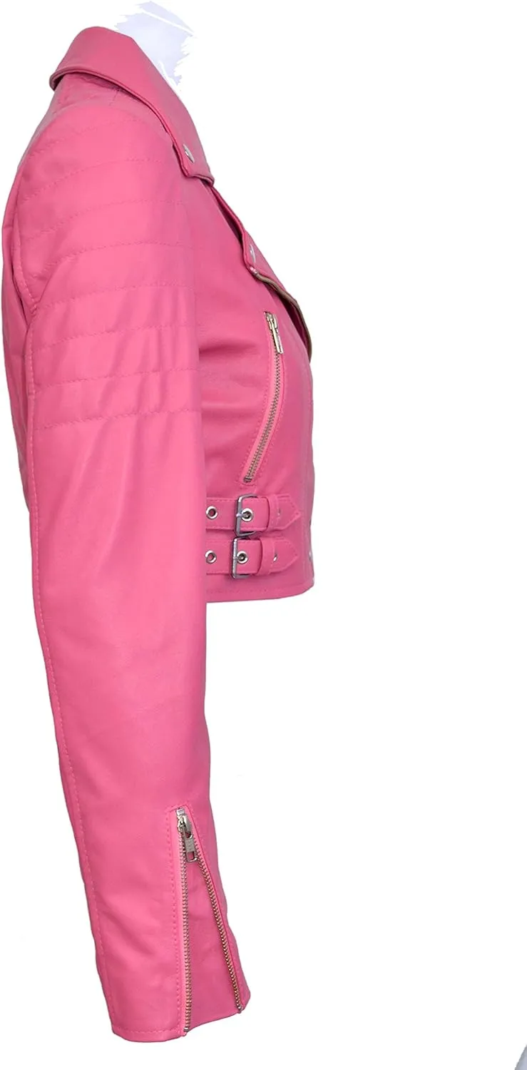 Ladies Short Body Leather Jacket Pink Slim Fit Short Biker Style Lambskin 5625