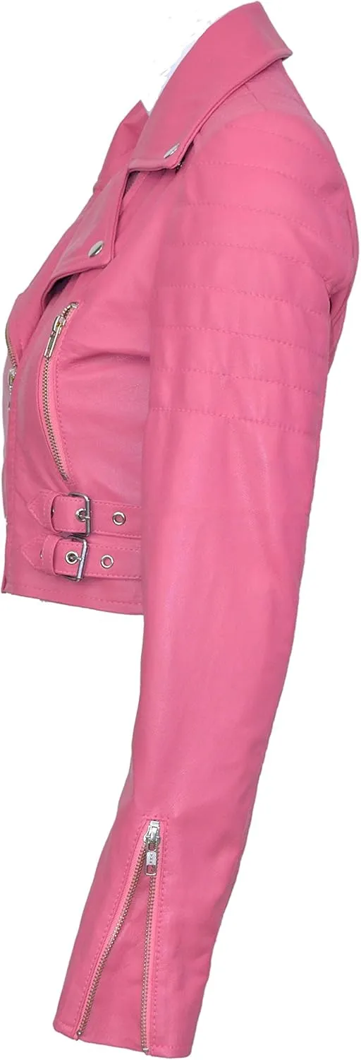 Ladies Short Body Leather Jacket Pink Slim Fit Short Biker Style Lambskin 5625