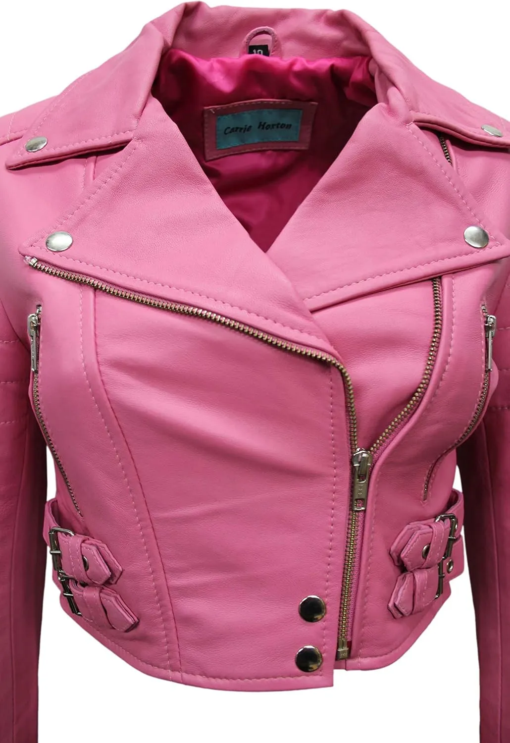 Ladies Short Body Leather Jacket Pink Slim Fit Short Biker Style Lambskin 5625