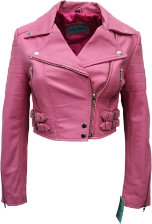 Ladies Short Body Leather Jacket Pink Slim Fit Short Biker Style Lambskin 5625