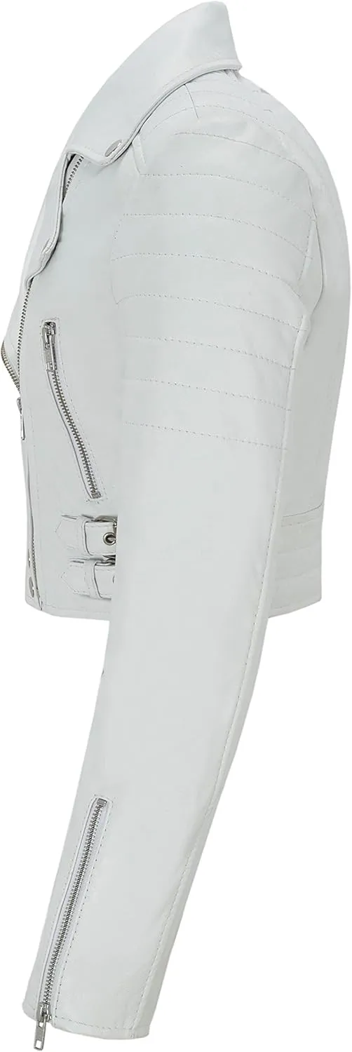 Ladies Short Body Leather Jacket White Slim Fit Short Biker Style Lambskin 5625