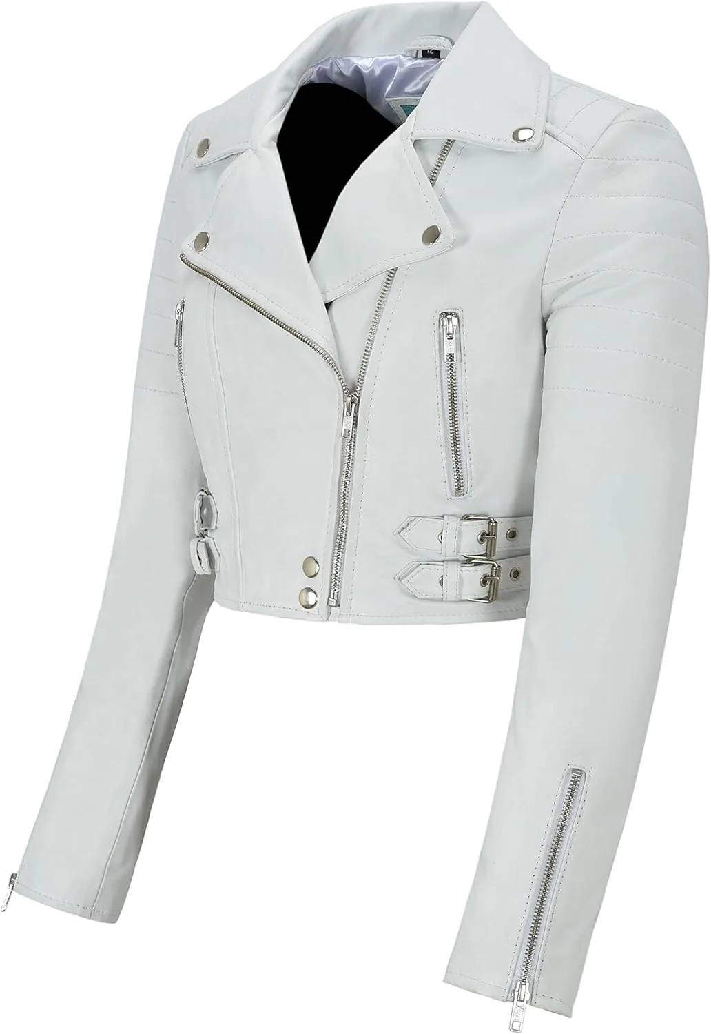 Ladies Short Body Leather Jacket White Slim Fit Short Biker Style Lambskin 5625