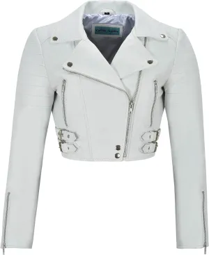 Ladies Short Body Leather Jacket White Slim Fit Short Biker Style Lambskin 5625