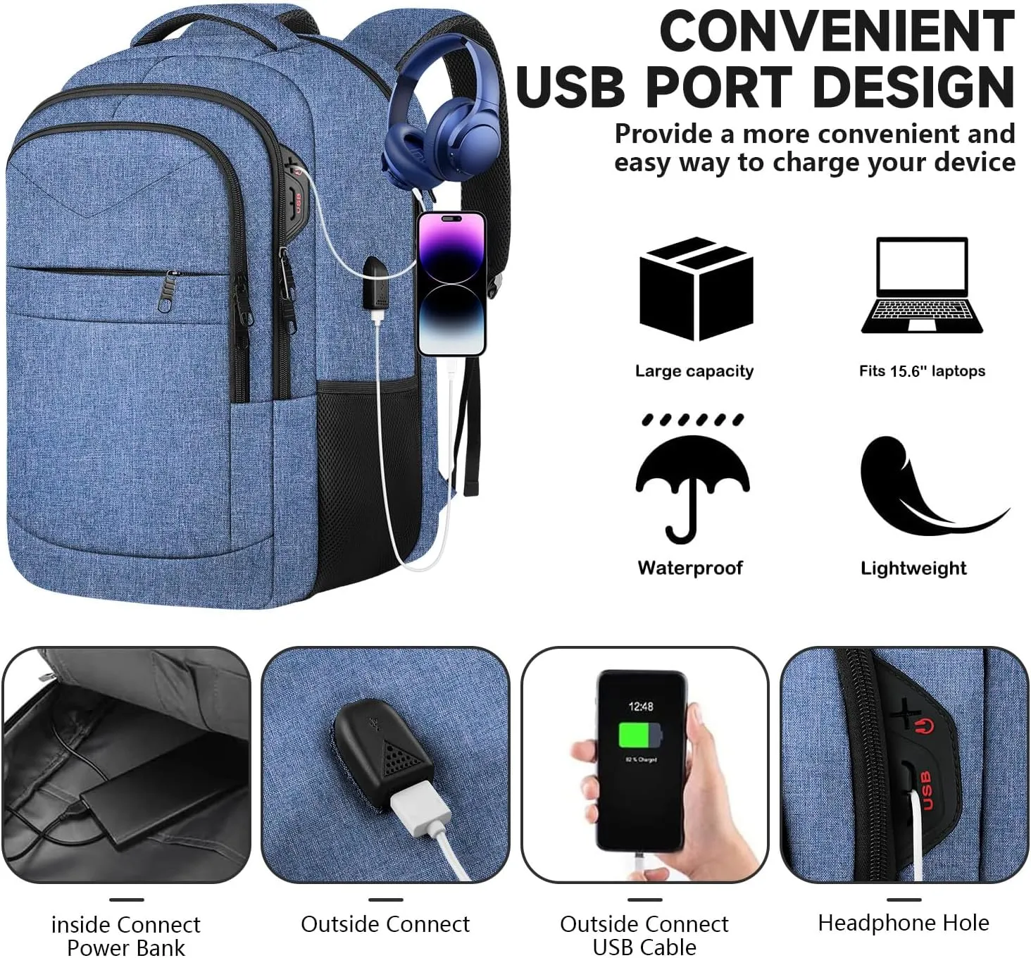 Lapsouno Travel Laptop Backpack, Travel Backpack, TSA Laptop Backpack, 15.6 inch Bag with USB Port, TSA Friendly Water Resistant College School Business Computer Bag Backpack Men Women, Blue
