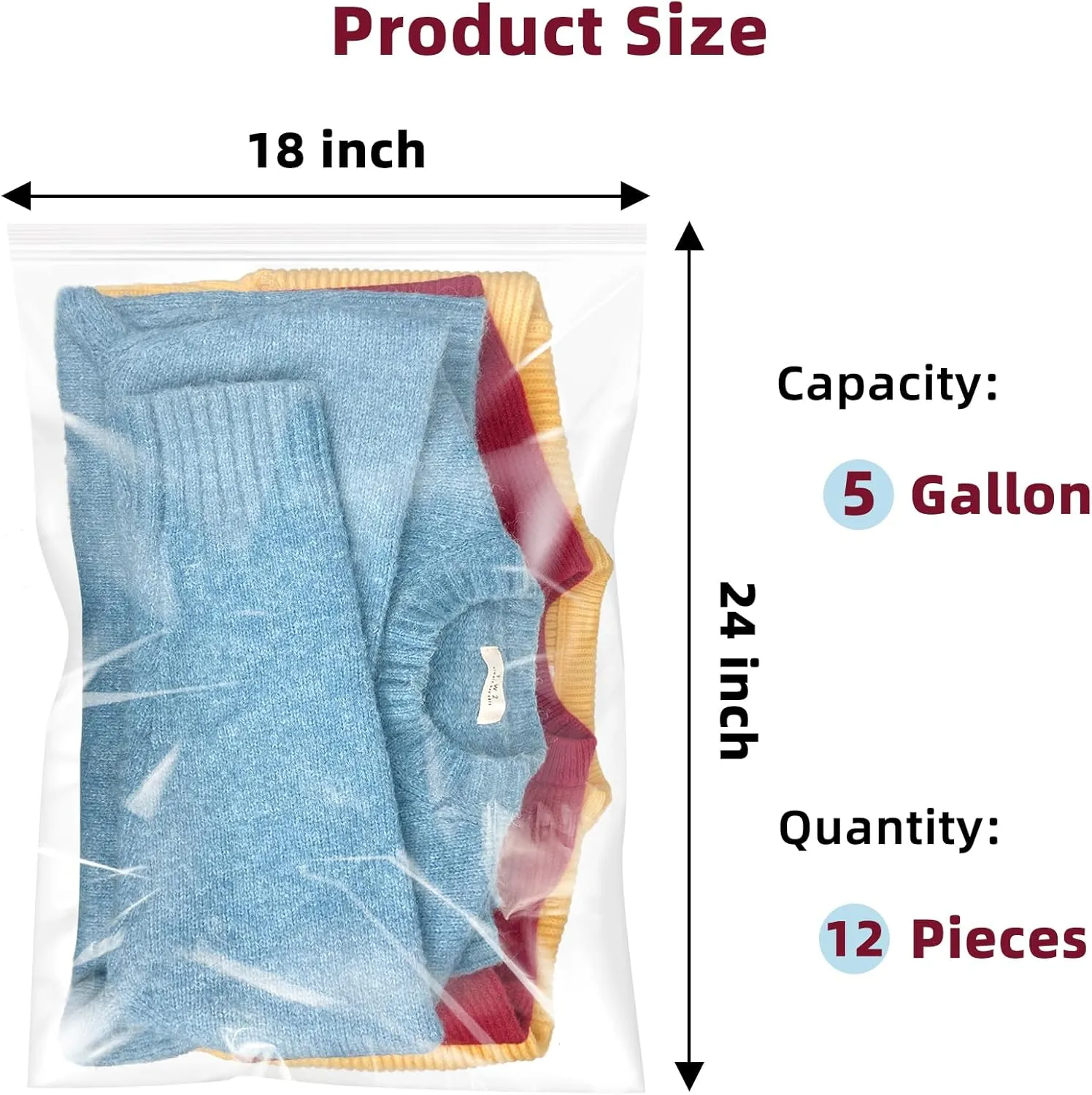 Large 5 Gallon Plastic Zipper Storage Bags, 18x24 Inches Clear Reclosable Storage Bags 12Pieces