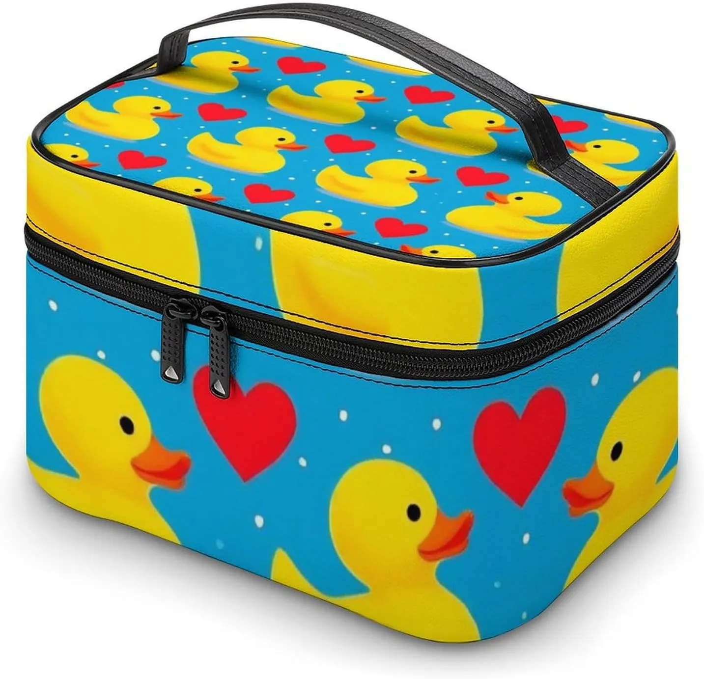 Large Capacity Makeup Organizer Bag, Portable Stylish Cosmetic Case with Zipper Pouch Love Heart Polka Dots Blue Yellow Rubber Ducks Toiletry Storage Bag Travel Accessories