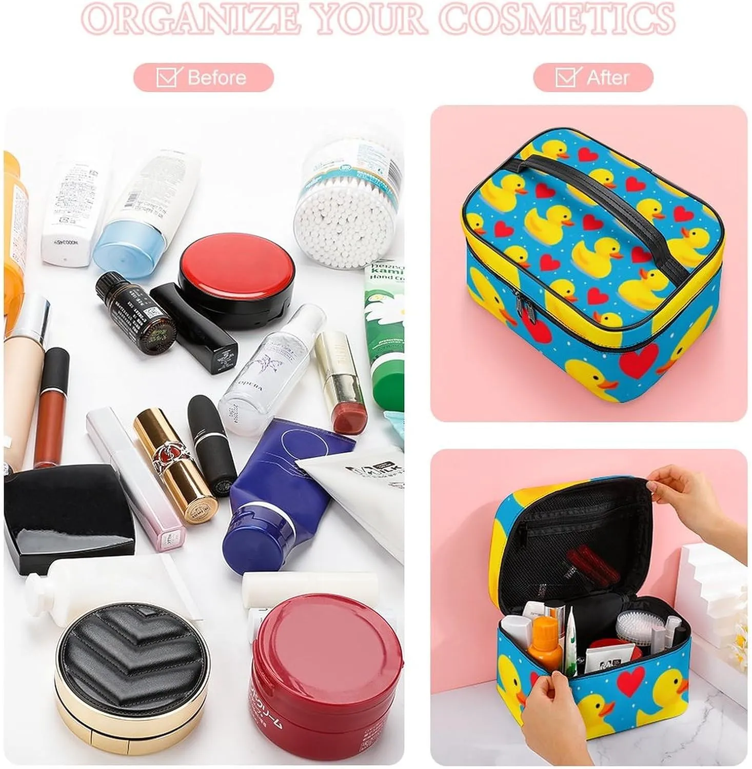 Large Capacity Makeup Organizer Bag, Portable Stylish Cosmetic Case with Zipper Pouch Love Heart Polka Dots Blue Yellow Rubber Ducks Toiletry Storage Bag Travel Accessories