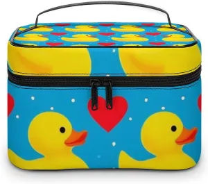 Large Capacity Makeup Organizer Bag, Portable Stylish Cosmetic Case with Zipper Pouch Love Heart Polka Dots Blue Yellow Rubber Ducks Toiletry Storage Bag Travel Accessories