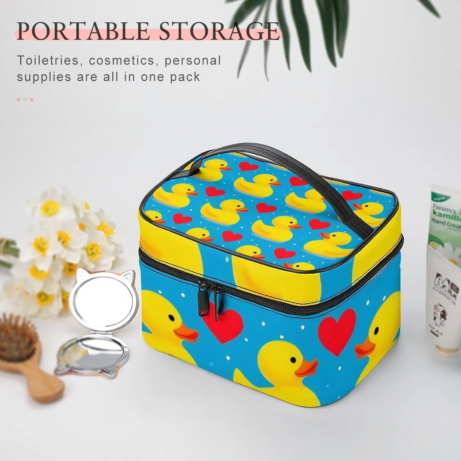 Large Capacity Makeup Organizer Bag, Portable Stylish Cosmetic Case with Zipper Pouch Love Heart Polka Dots Blue Yellow Rubber Ducks Toiletry Storage Bag Travel Accessories