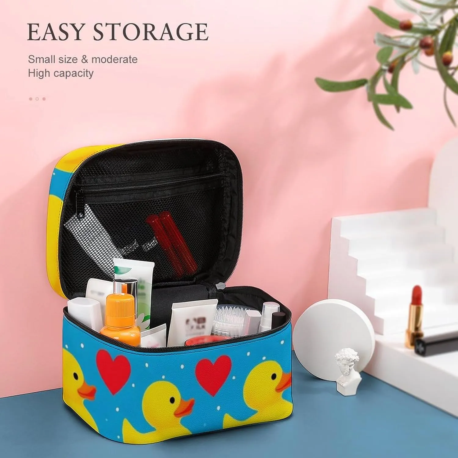 Large Capacity Makeup Organizer Bag, Portable Stylish Cosmetic Case with Zipper Pouch Love Heart Polka Dots Blue Yellow Rubber Ducks Toiletry Storage Bag Travel Accessories