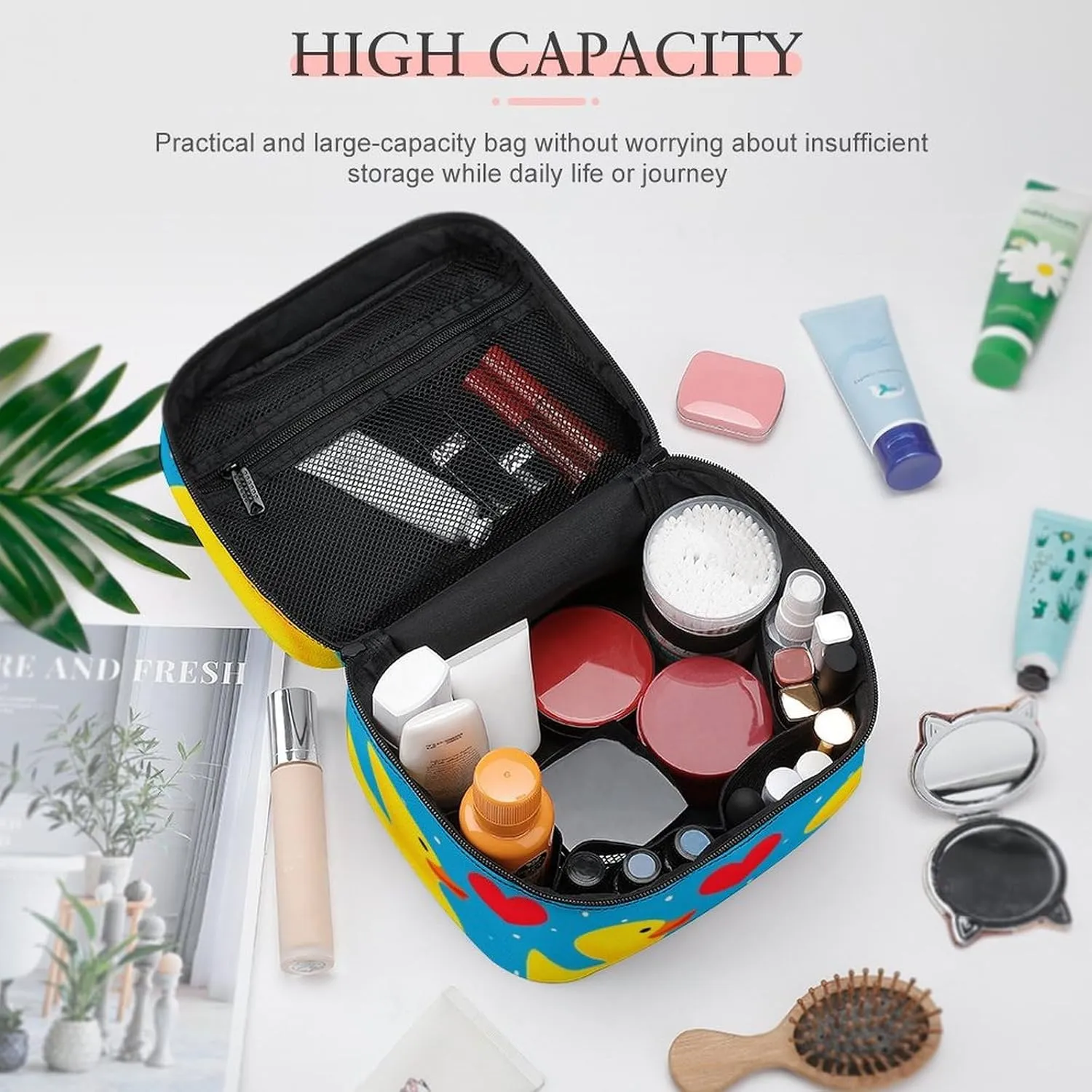 Large Capacity Makeup Organizer Bag, Portable Stylish Cosmetic Case with Zipper Pouch Love Heart Polka Dots Blue Yellow Rubber Ducks Toiletry Storage Bag Travel Accessories