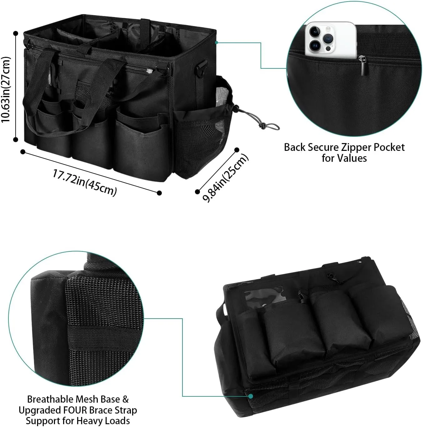 Large Wearable Caddy Bag, Cleaning Supplies Organizer with Bottom Separation Plate, Black
