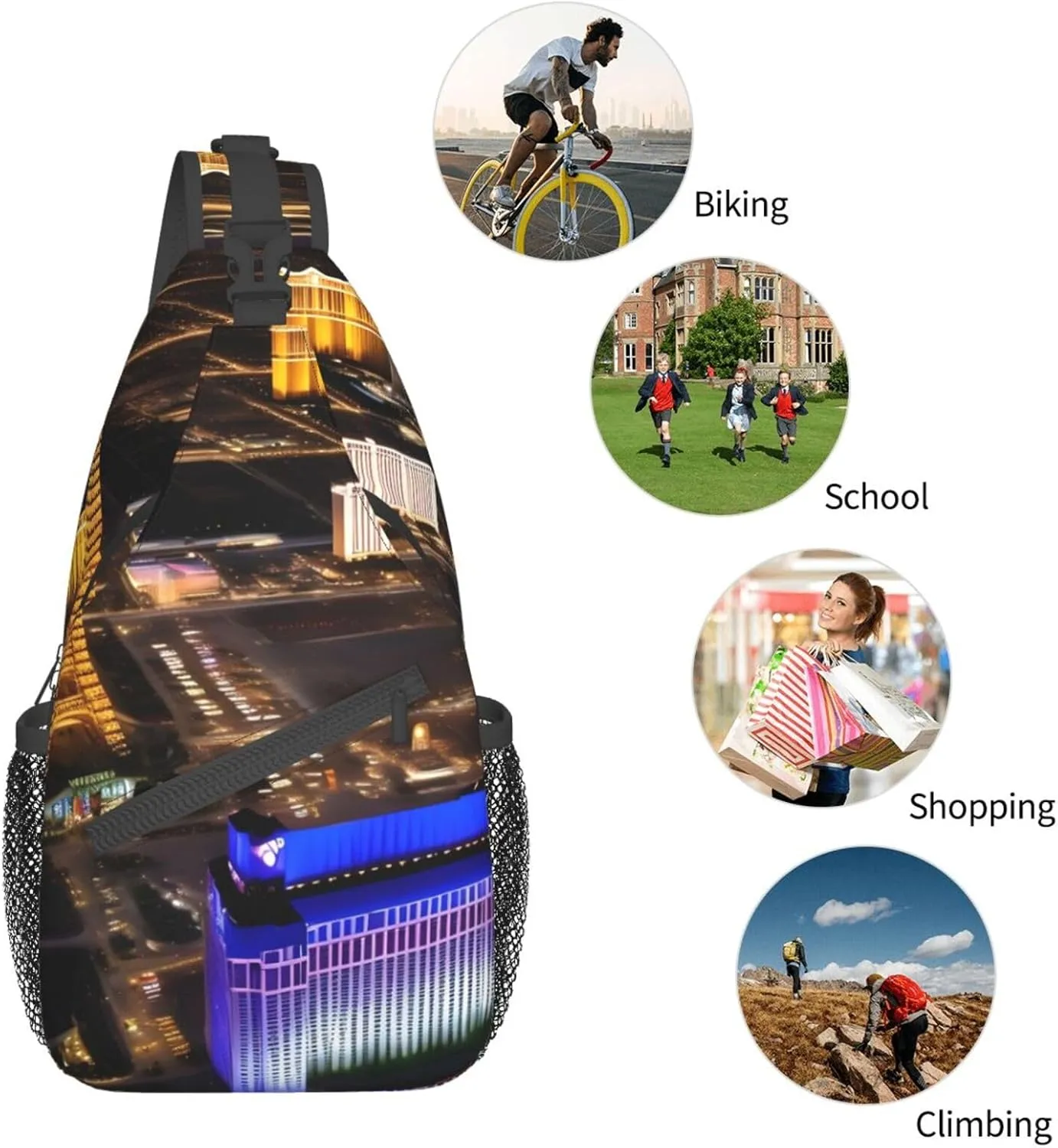 Las Vegas Night High Storage Capacity Chest Bag Diagonally Sling Backpack Crossbody Shoulder Bag For Men Women