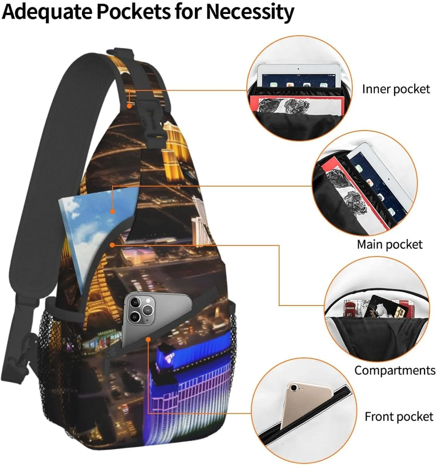 Las Vegas Night High Storage Capacity Chest Bag Diagonally Sling Backpack Crossbody Shoulder Bag For Men Women