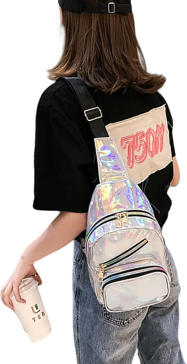 Laser Chest Bag for Women Men Holographic Sling Bag Unisex Colorful Sport Daypack Leather Shiny Crossbody Bag Shoulder Bag