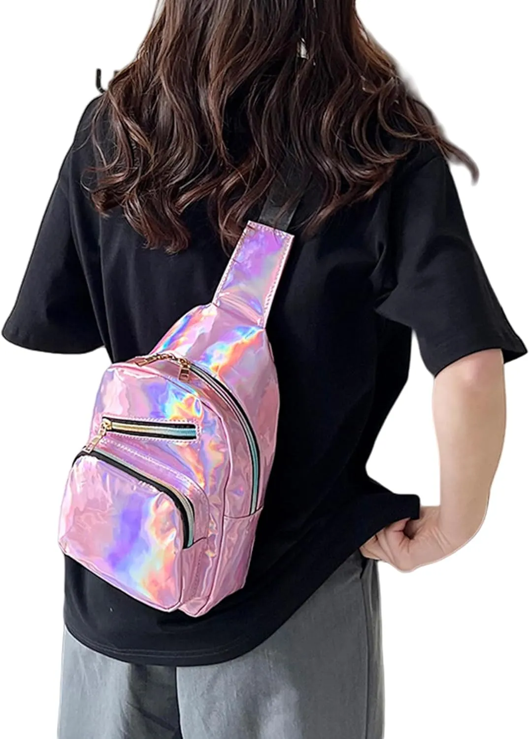 Laser Chest Bag for Women Men Holographic Sling Bag Unisex Colorful Sport Daypack Leather Shiny Crossbody Bag Shoulder Bag