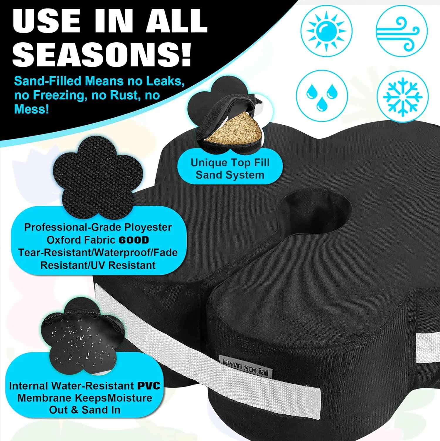 Lawn Social Umbrella Base Weight Bag, Round Heavy Duty Sand Bags for Cantilever Patio Umbrella, Universal Fit for Any Offset Design, Stabilize and Secure Umbrella (Black)