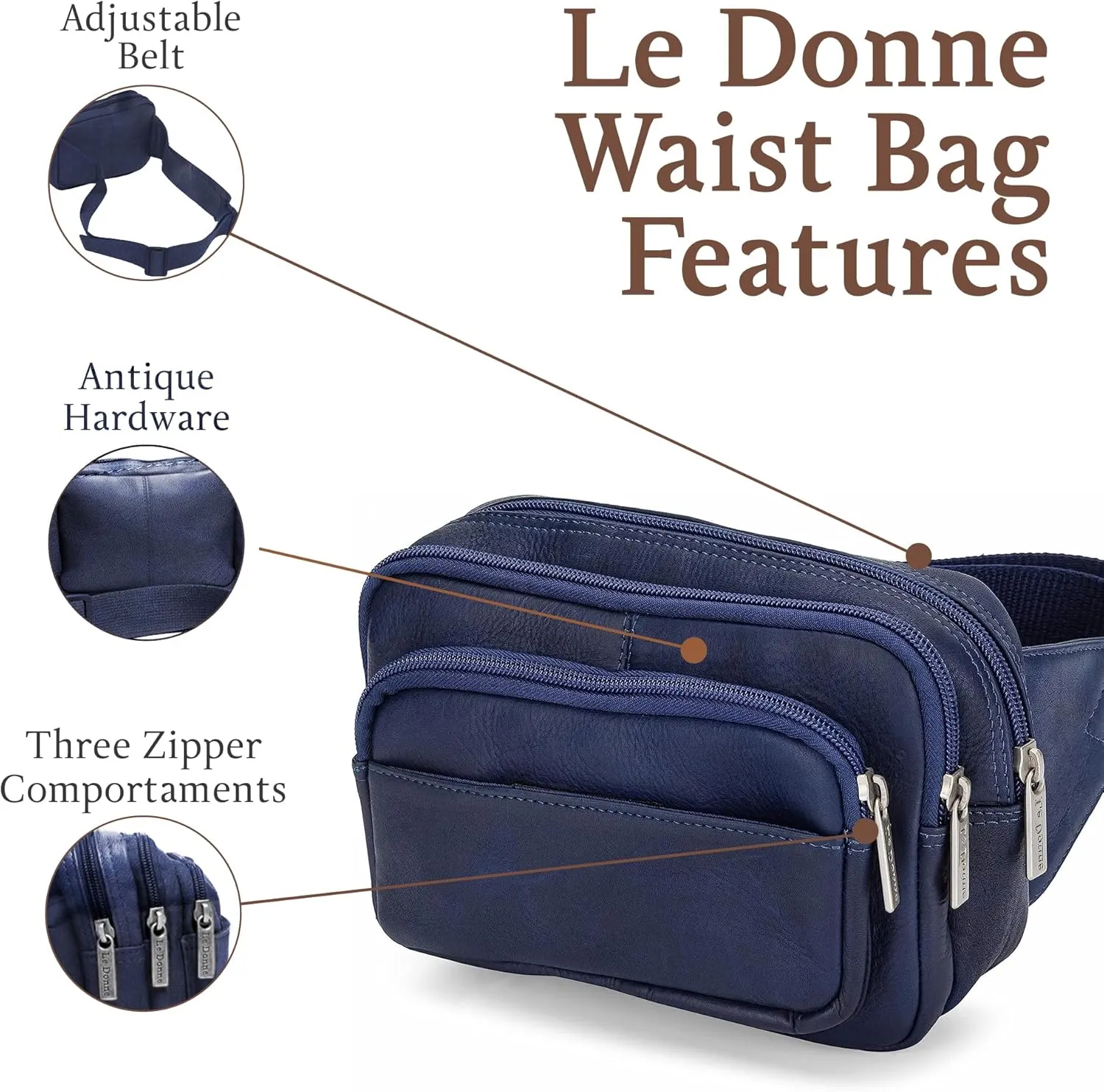 Le Donne Leather Waist Bag - Fashionable & Luxury 4-Compartment Bag - Adjustable Fanny Pack For Men & Women - Essentials For Running, Hiking & Everything Bag(Navy)