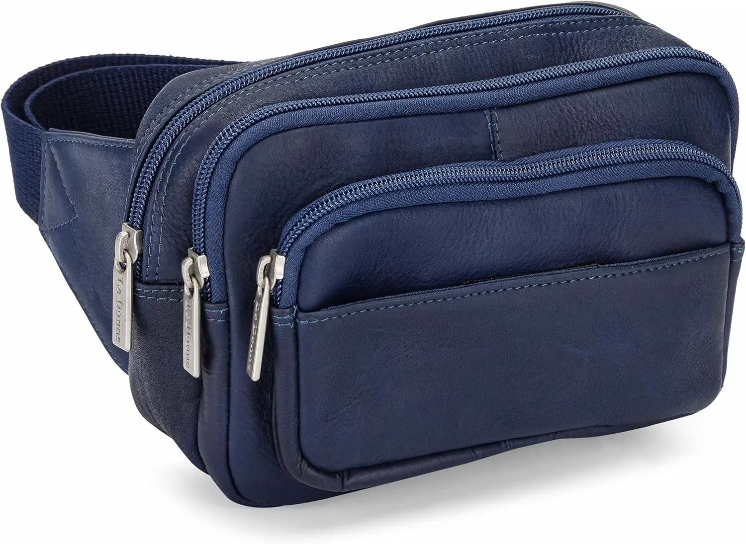 Le Donne Leather Waist Bag - Fashionable & Luxury 4-Compartment Bag - Adjustable Fanny Pack For Men & Women - Essentials For Running, Hiking & Everything Bag(Navy)