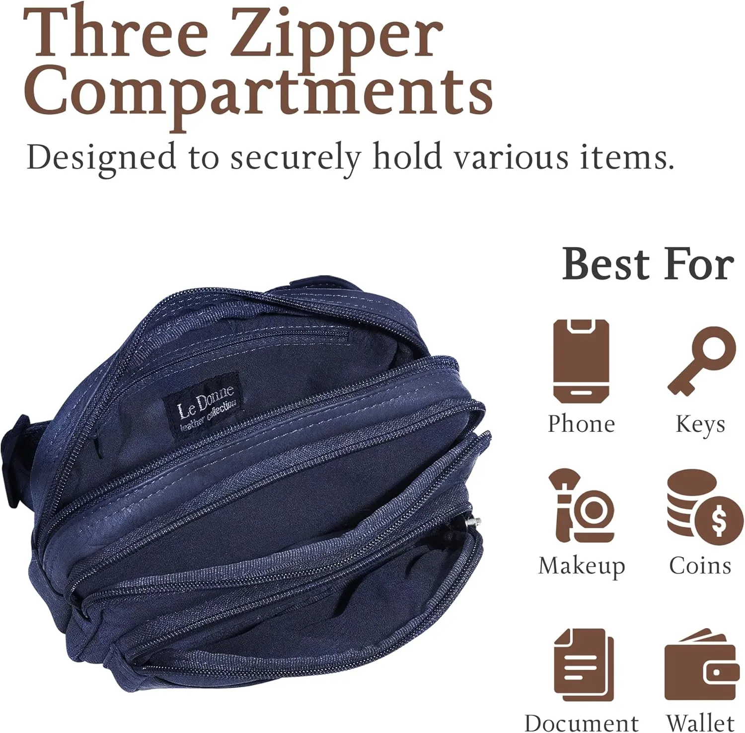 Le Donne Leather Waist Bag - Fashionable & Luxury 4-Compartment Bag - Adjustable Fanny Pack For Men & Women - Essentials For Running, Hiking & Everything Bag(Navy)