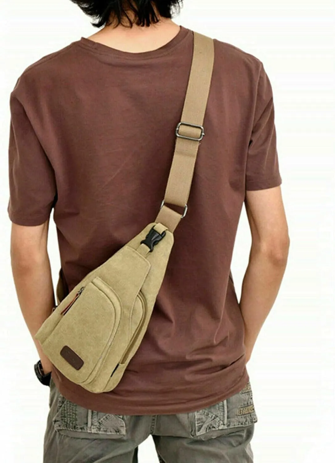 Leather Sling Bag with USB Charging Port, Large Men's Crossbody Shoulder Bag Travel Sling Chest Bag, Khaki Style D