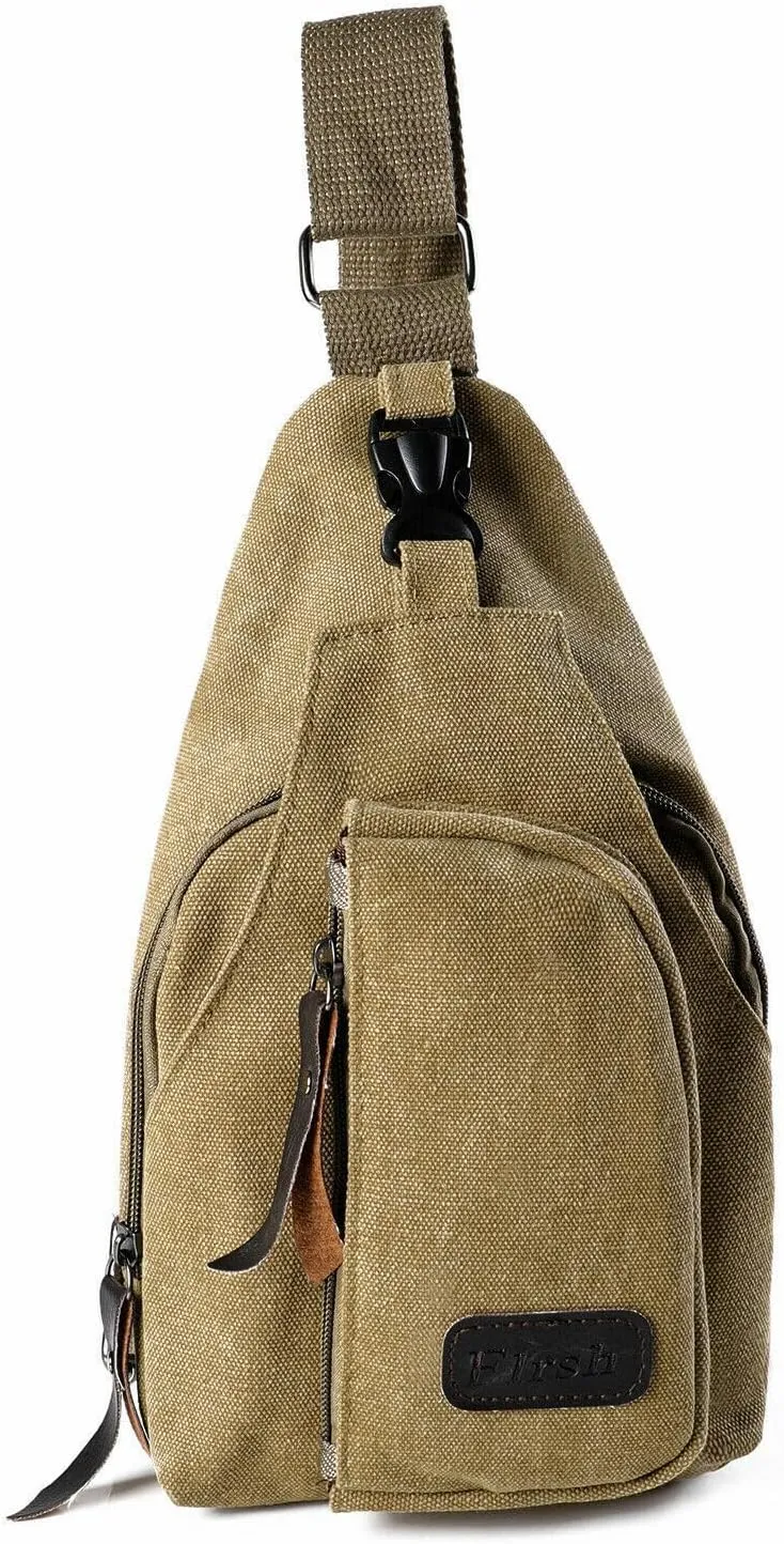 Leather Sling Bag with USB Charging Port, Large Men's Crossbody Shoulder Bag Travel Sling Chest Bag, Khaki Style D