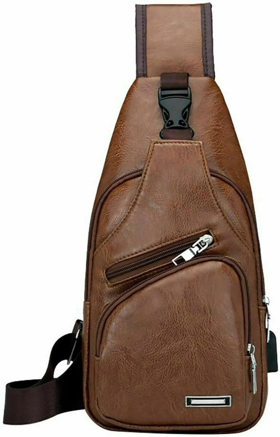Leather Sling Bag with USB Charging Port, Large Men's Crossbody Shoulder Bag Travel Sling Chest Bag, Light Brown Style A