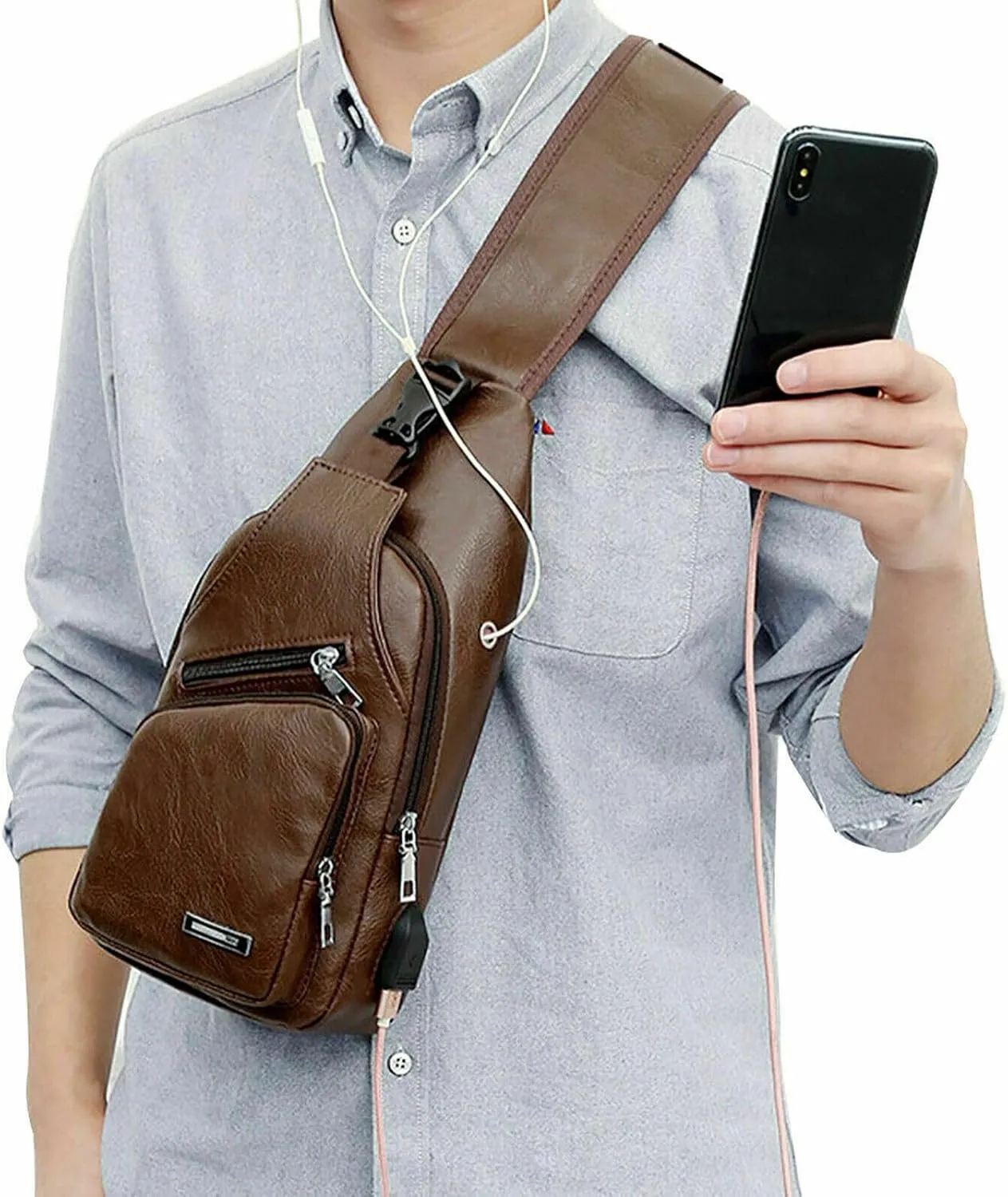 Leather Sling Bag with USB Charging Port, Large Men's Crossbody Shoulder Bag Travel Sling Chest Bag, Light Brown Style A
