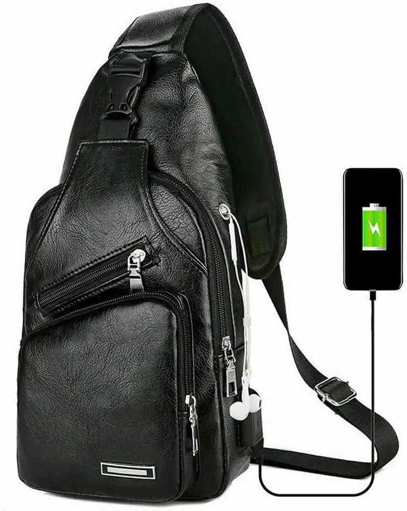 Leather Sling Bag with USB Charging Port, Large Men's Crossbody Shoulder Bag Travel Sling Chest Bag, Light Brown Style A