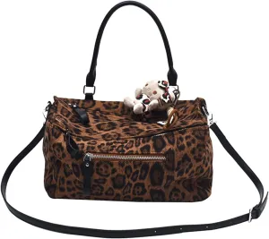 Leopard Print Handbag for Women Velvet Shoulder Bag Elegant Hobo Bag Top Handle Bag Retro Crossbody Bag
