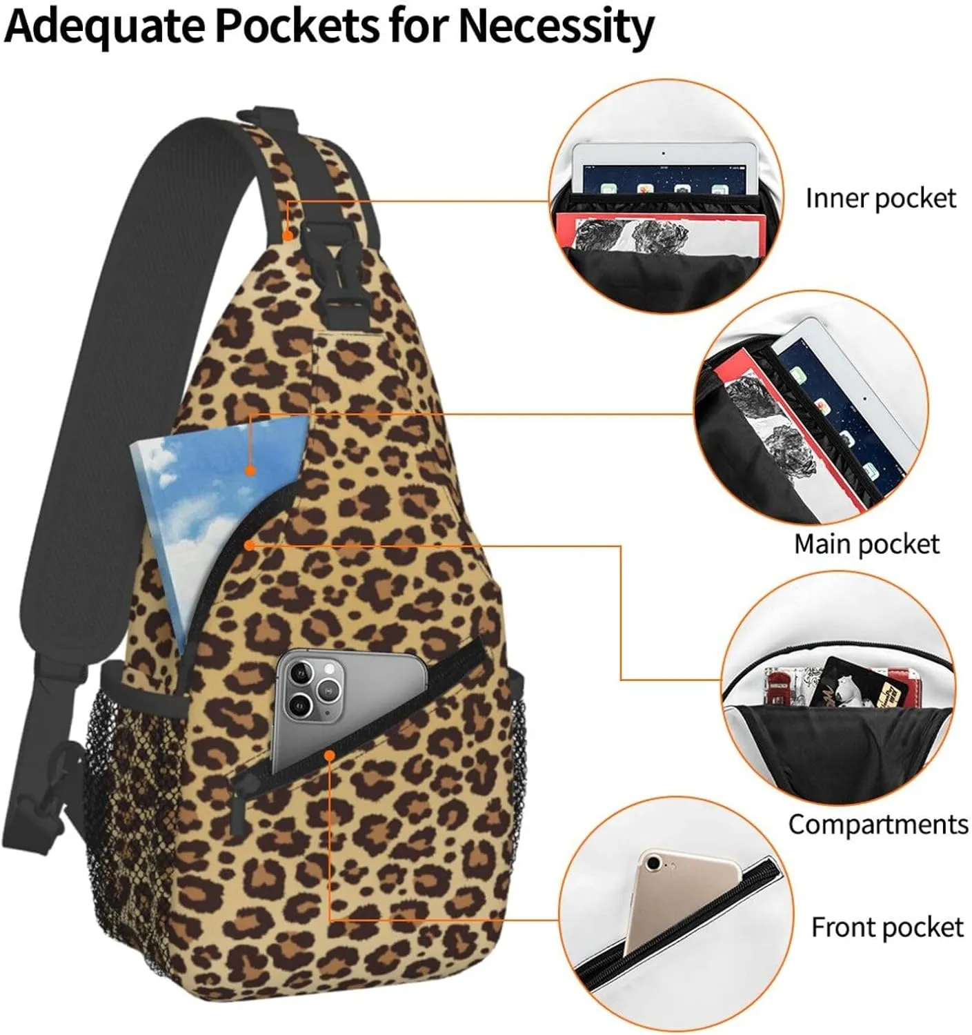 Leopard Print Sling Bag for Women Crossbody Bag Leopard Spotted Fur Texture Orange Black Animal Skin Sling Backpack for Men Cute Cheetah Print Shoulder Bag Gym Sports Travel Hiking Daypack