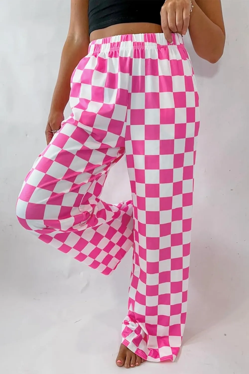 Lesore Womens Casual 2-Tone Checkered Print Pants Elastic High Waist Wide Leg Pants Lounge with Pockets