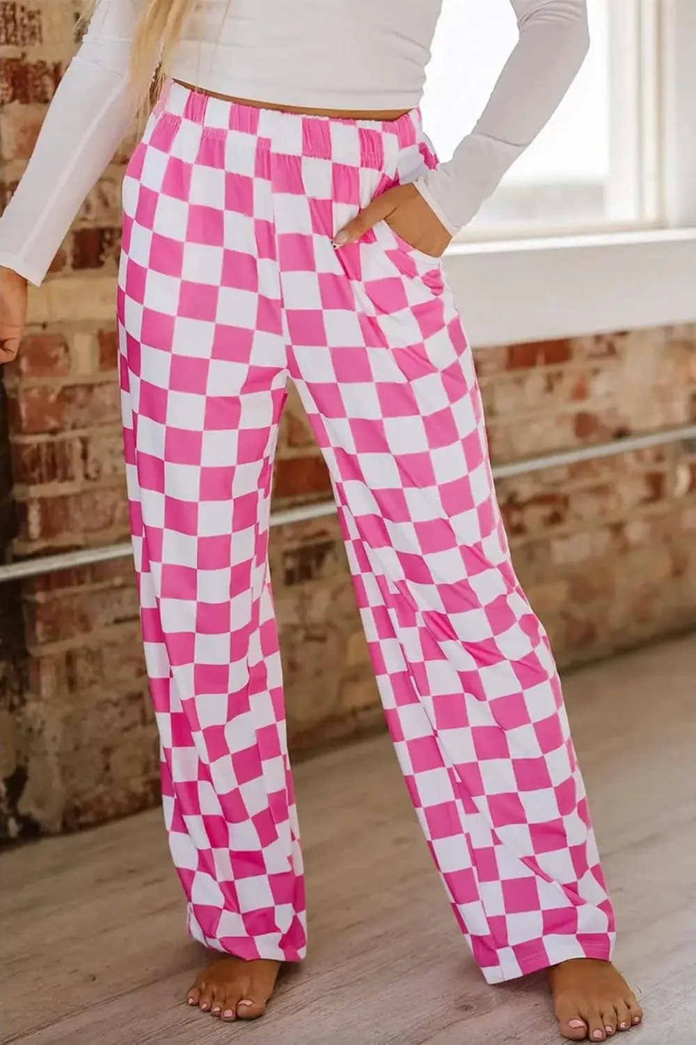 Lesore Womens Casual 2-Tone Checkered Print Pants Elastic High Waist Wide Leg Pants Lounge with Pockets