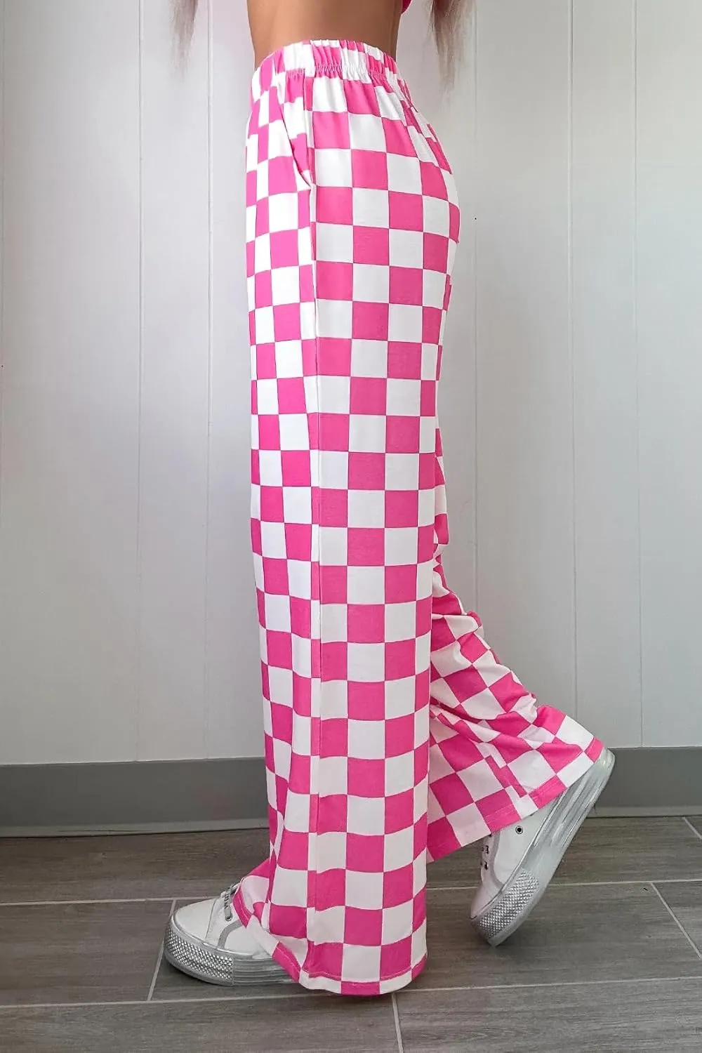 Lesore Womens Casual 2-Tone Checkered Print Pants Elastic High Waist Wide Leg Pants Lounge with Pockets