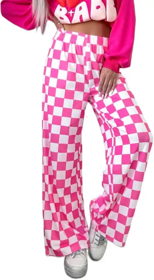 Lesore Womens Casual 2-Tone Checkered Print Pants Elastic High Waist Wide Leg Pants Lounge with Pockets