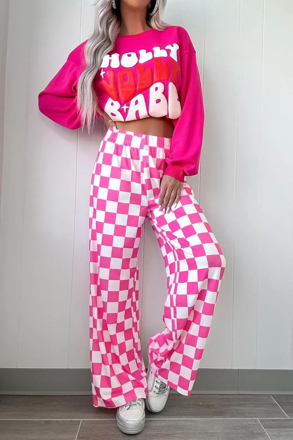 Lesore Womens Casual 2-Tone Checkered Print Pants Elastic High Waist Wide Leg Pants Lounge with Pockets