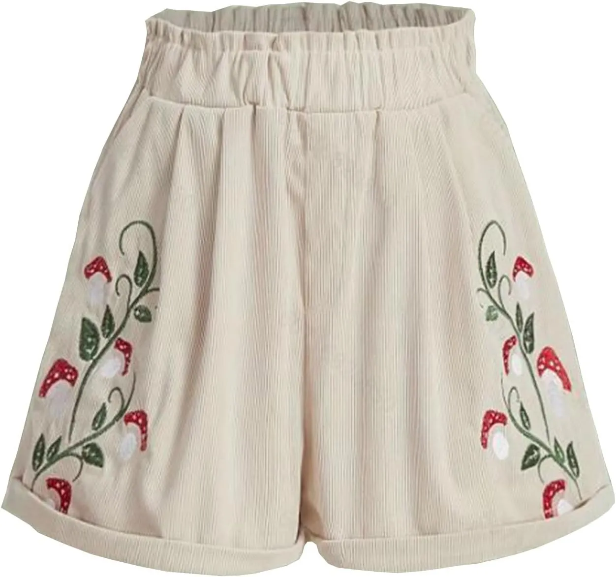 LFEOOST Women's Mushroom Embroidery Corduroy Shorts Fashion Paperbag Waist Elastic Waist Summer Loose Wide Leg Casual Shorts